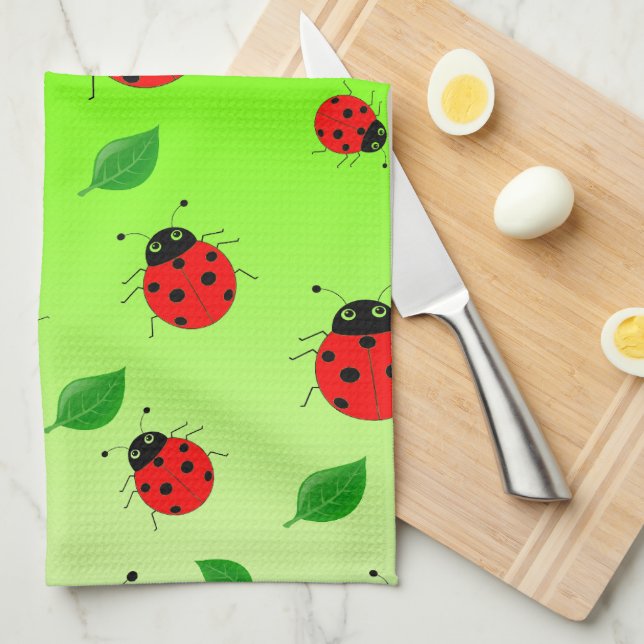 Kids Cute Red ladybug and green leave on gradient Kitchen Towel (Quarter Fold)