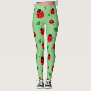 Kids Cute Red ladybug and green leave on gradient Leggings