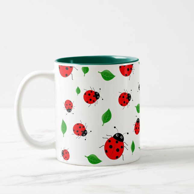 Kids Cute Red ladybug and green leave on gradient Two-Tone Coffee Mug (Left)
