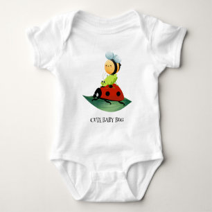 Kids Cute Red ladybug Bee bug insect on green leaf Baby Bodysuit