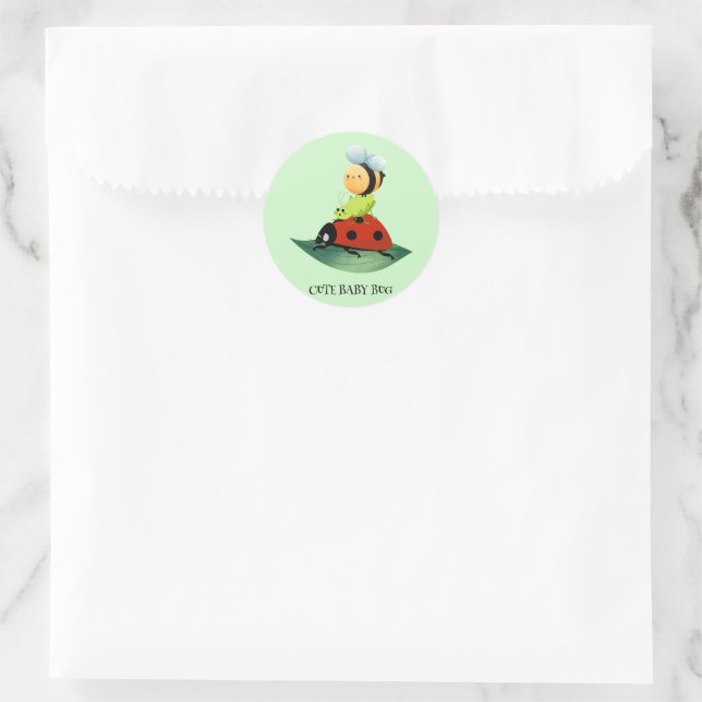 Kids Cute Red ladybug Bee bug insect on green leaf Classic Round Sticker (Bag)