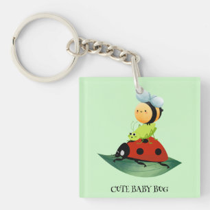 Kids Cute Red ladybug Bee bug insect on green leaf Keychain
