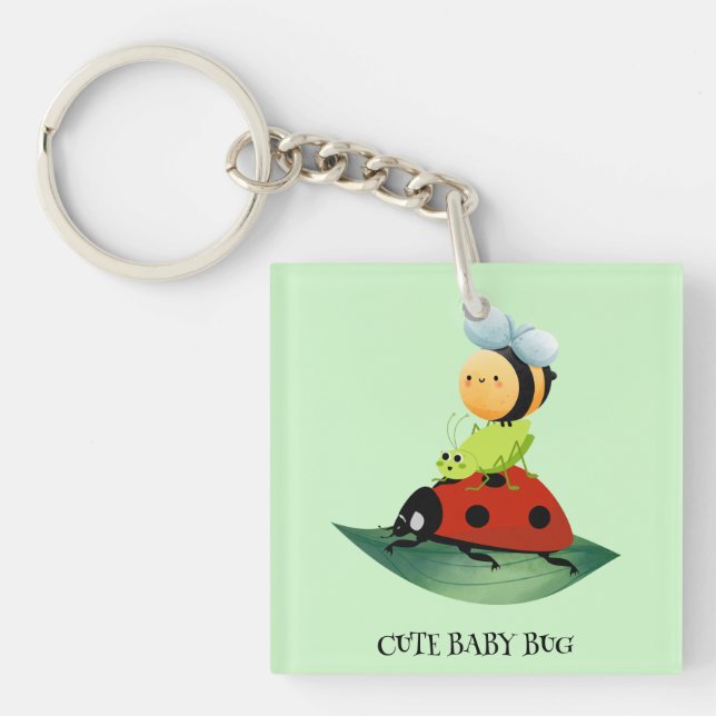 Kids Cute Red ladybug Bee bug insect on green leaf Keychain (Front)