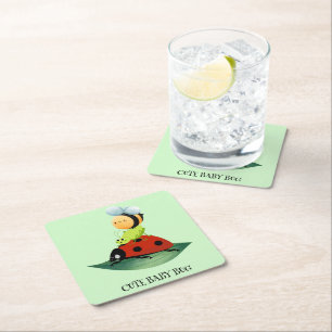 Kids Cute Red ladybug Bee bug insect on green leaf Square Paper Coaster