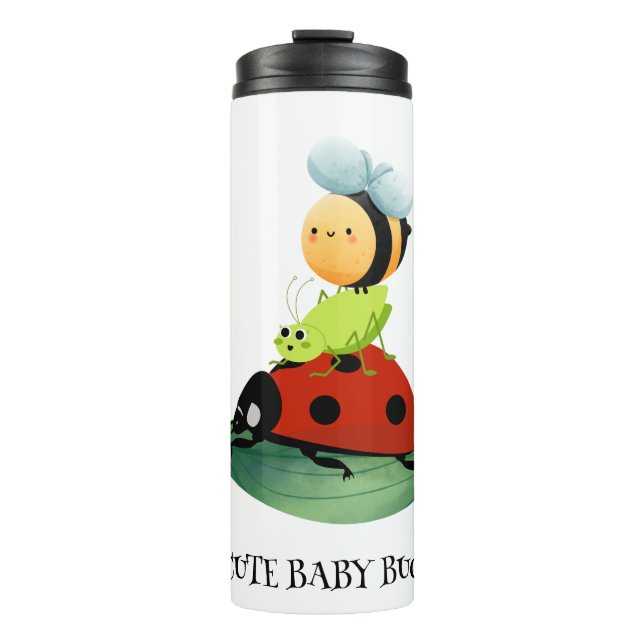 Kids Cute Red ladybug Bee bug insect on green leaf Thermal Tumbler (Front)