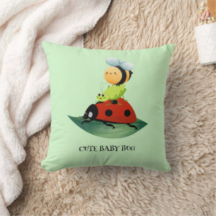 Kids Cute Red ladybug Bee bug insect on green leaf Throw Pillow