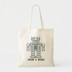 Kids cute robot personalized library book tote bag