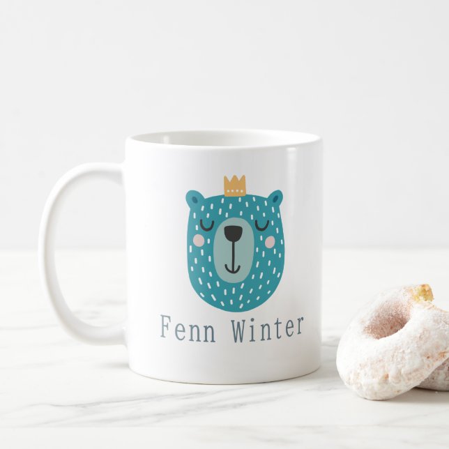 Kids Cute Scandi Blue Bear with crown Custom Name  Coffee Mug (With Donut)