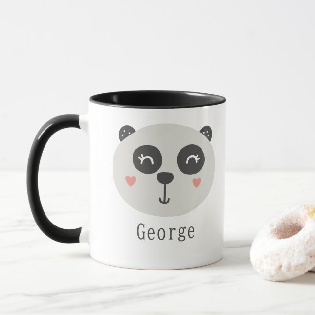 Kids Cute Scandi Panda Custom Name Two tone Mug (With Donut)
