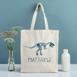 Kids Cute T-Rex Dinosaur Fossil Boys School Tote Bag<br><div class="desc">This cute personalized kids tote bag design features a blue t- Rex dinosaur. There is also space for you to add your boys name,  in modern typography. The perfect dinosaur themed gift for any history or dinosaur enthusiast,  great for a sports kit or school bag for kids and toddlers.</div>