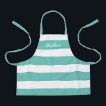 Kids Cute Teal and White Stripes Personalized Apron<br><div class="desc">Your child will love crafting or helping you cook in this Kids Cute Teal and White Stripes Personalized Apron.  This modern design has wide horizontal stripes on all-over-print apron and name is in white whimsical lettering across the top.
CLICK PERSONALIZE TEMPLATE OPTION AND ENTER NAME</div>