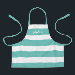 Kids Cute Teal and White Stripes Personalized Apron<br><div class="desc">Your child will love crafting or helping you cook in this Kids Cute Teal and White Stripes Personalized Apron.  This modern design has wide horizontal stripes on all-over-print apron and name is in white whimsical lettering across the top.
CLICK PERSONALIZE TEMPLATE OPTION AND ENTER NAME</div>