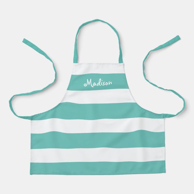 Kids Cute Teal and White Stripes Personalized Apron (Front)
