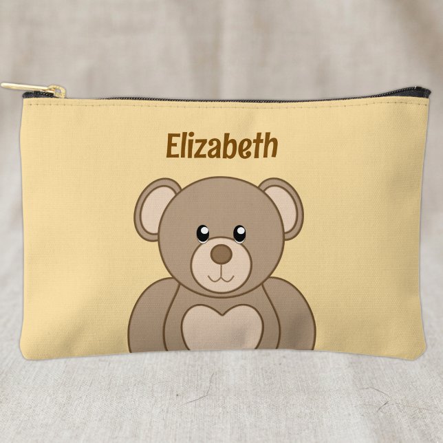 Kids cute teddy bear add a name brown peach accessory pouch (Creator Uploaded)
