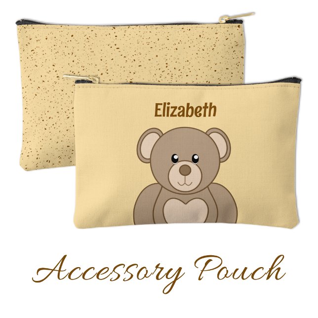 Kids cute teddy bear add a name brown peach accessory pouch (Creator Uploaded)