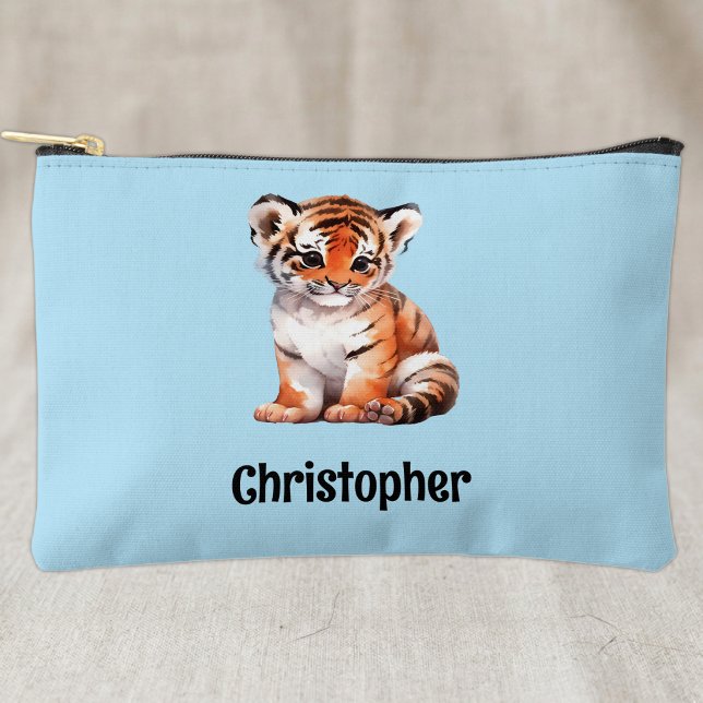 Kids cute tiger add a name blue black accessory pouch (Creator Uploaded)