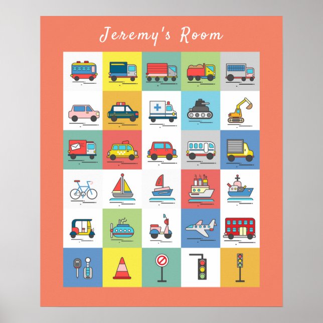 Kids Cute Trucks & Transport Monogram Name Wall Poster (Front)