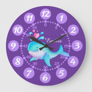 Kids cute whale spurting art purple aqua clock