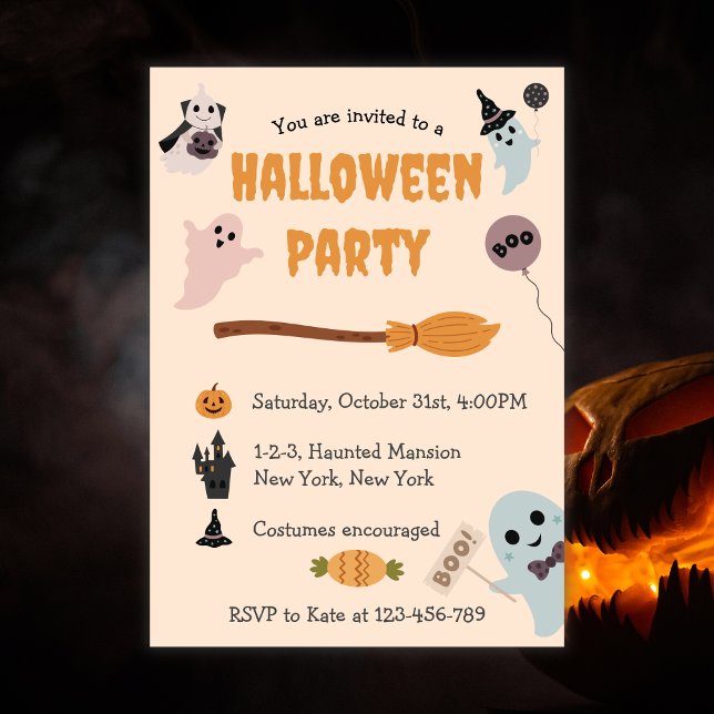 Kids Cutest Ghost Halloween Costume Party Invitation (Kids Halloween Party, Ghost Costume Party, Cute Ghosts, Orange color,)