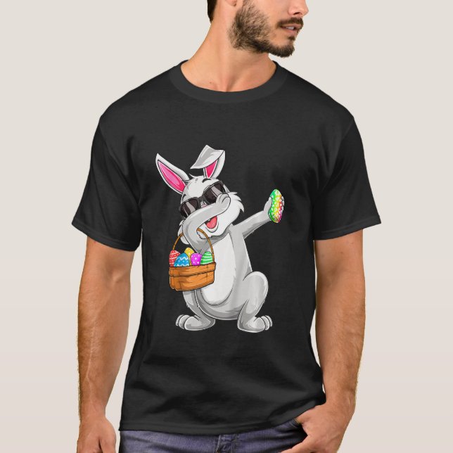 Kids Dabbing Rabbit Easter Day Eggs Hunting Basket T-Shirt (Front)