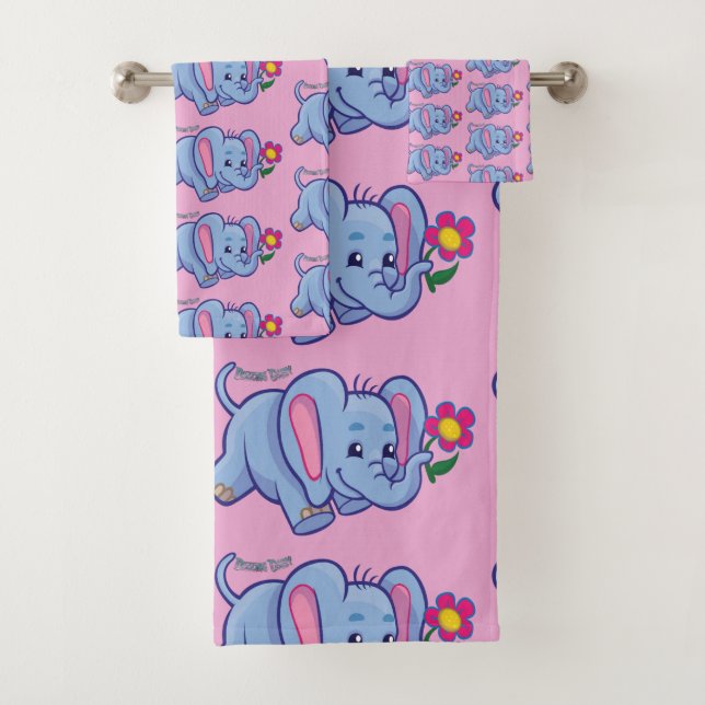 Kids Dancing Elephant Daisy Bath Towel Set (Insitu)