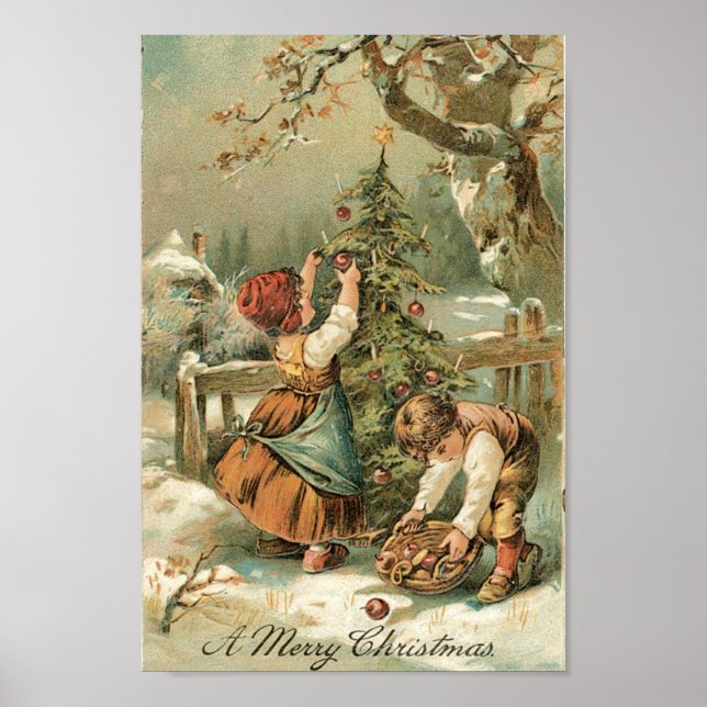 Kids decorating Christmas Tree outside Poster (Front)