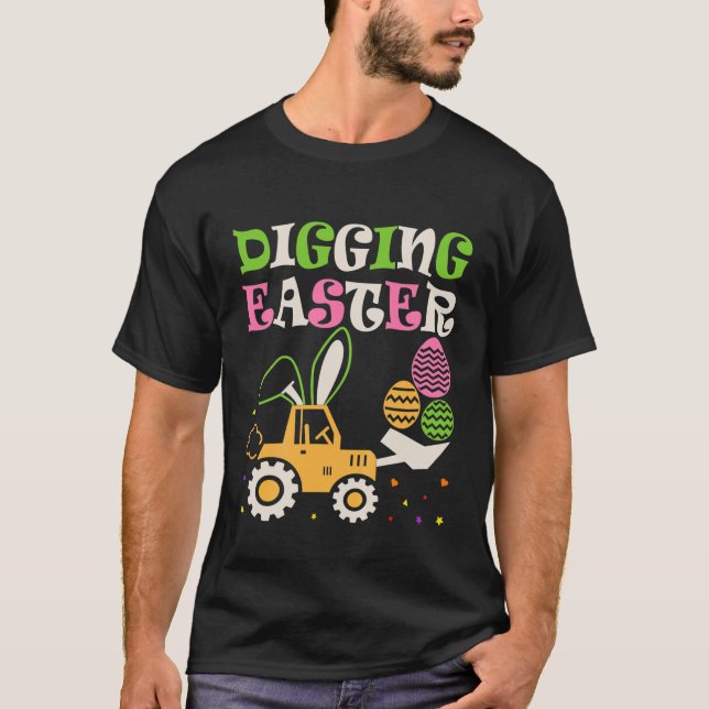 Kids Digging Easter Egg Hunt Cute Bunny Tractor Lo T-Shirt (Front)