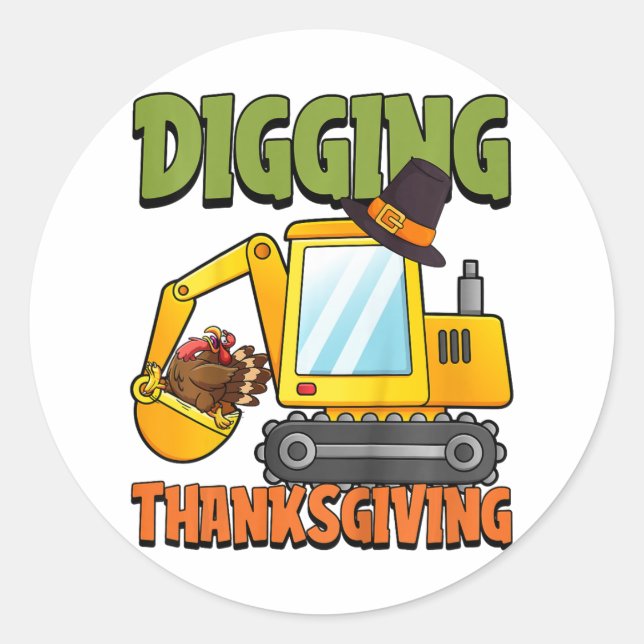 Kids Digging Thanksgiving Day Cool Excavator Turke Classic Round Sticker (Front)