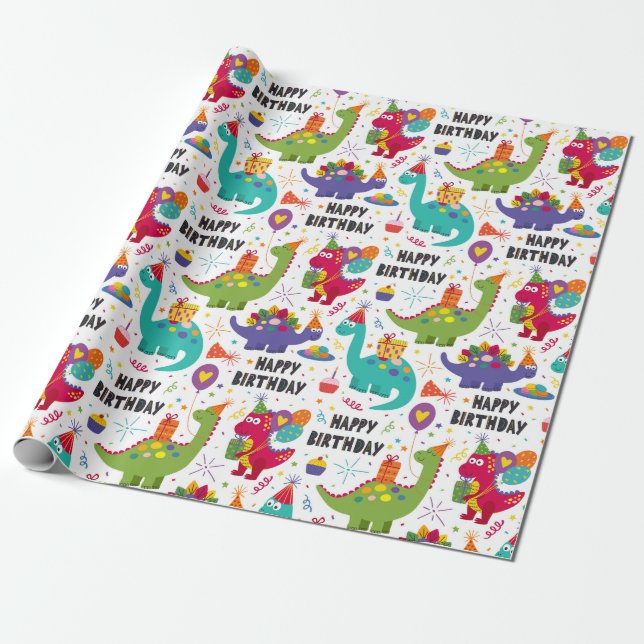 Kids Dino Celebrated Birthday  Wrapping Paper (Unrolled)