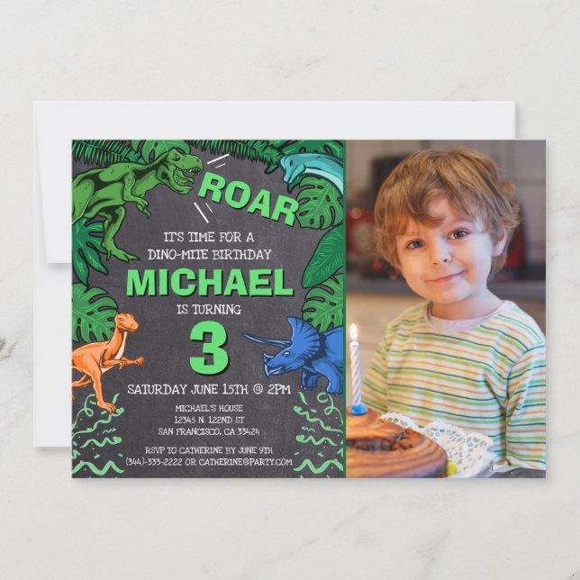 Kids Dino Trex Chalkboard Photo Dinosaur Birthday Invitation (Front)
