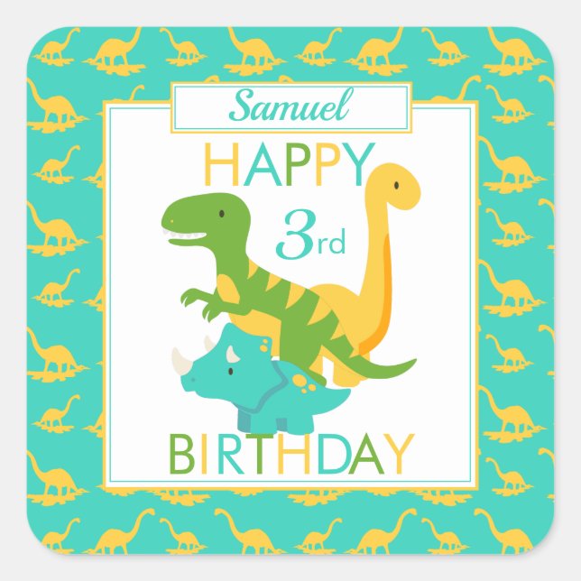 Kids Dinosaur 3rd Birthday Blue Square Sticker (Front)