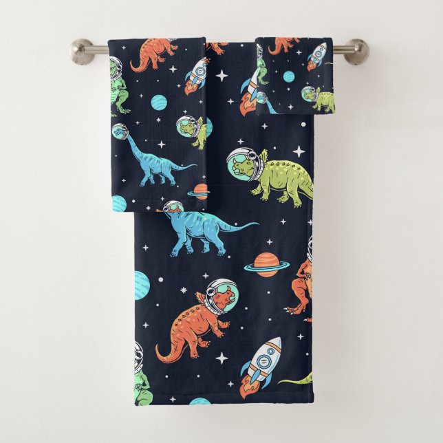 Kids Dinosaur Astronaut Pattern Bath Towel Set (Insitu)