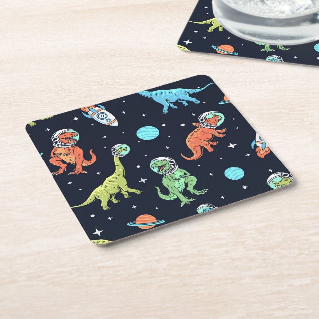 Kids Dinosaur Astronaut Pattern Square Paper Coaster (Angled)