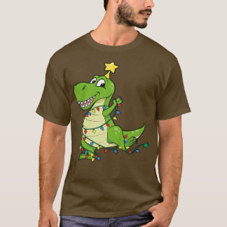 Kids Dinosaur at Christmas with fairy lights T-Shirt