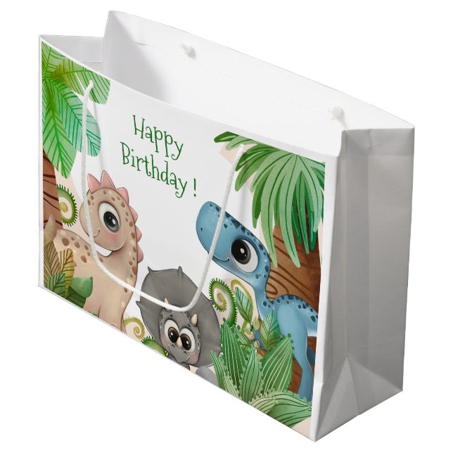 Kids Dinosaur Birthday Large Gift Bag (Front Angled)