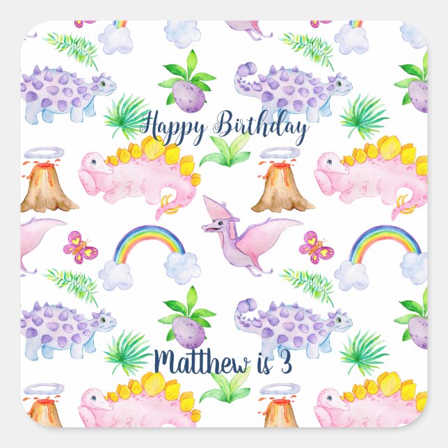 Kids' Dinosaur Rainbow Watercolor Jungle Birthday Square Sticker (Front)