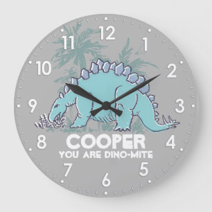 Kids dinosaur Stegosaurus grey blue name clock