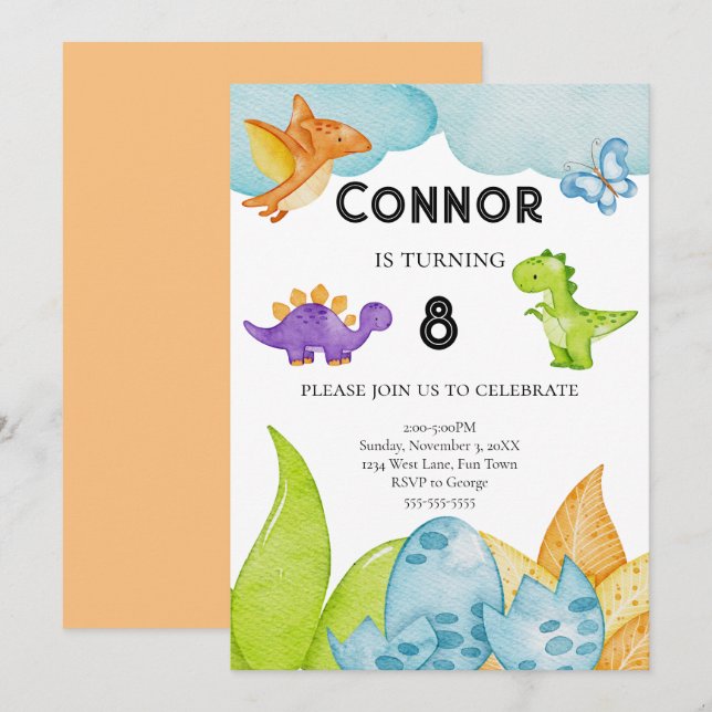 Kids Dinosaur Theme Birthday Jurassic Orange Invitation (Front/Back)