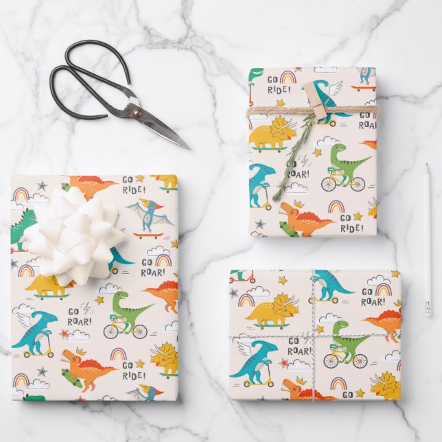 Kids Dinosaur Travelling Pattern Wrapping Paper Sheet (Front)