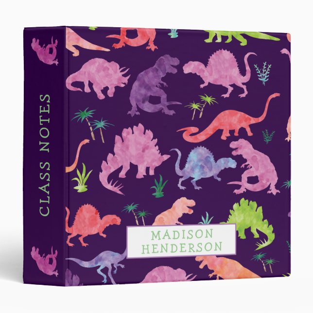 Kids Dinosaur Watercolor School Personalized Girls Binder (Front/Spine)