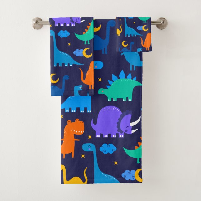Kids Dinosaurs At Night Blue Orange Green Pattern Bath Towel Set (Insitu)