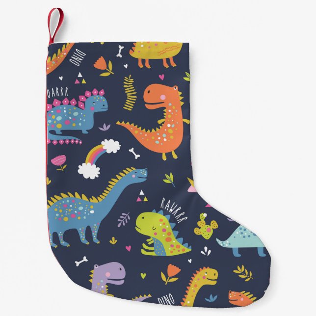 Kids Dinosaurs: Colourful Vintage Pattern Small Christmas Stocking (Front)