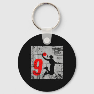 Kids Distressed 9 Year Old 9th Basketball Birthday Keychain