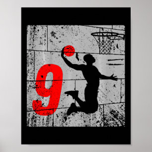 Kids Distressed 9 Year Old 9th Basketball Birthday Poster