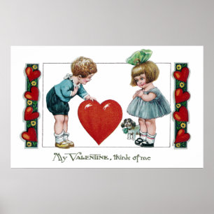 Kids, Dog and Big Heart Vintage Valentine Poster