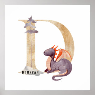 Kids Dragon Custom Name Monogram D Nursery Room Poster