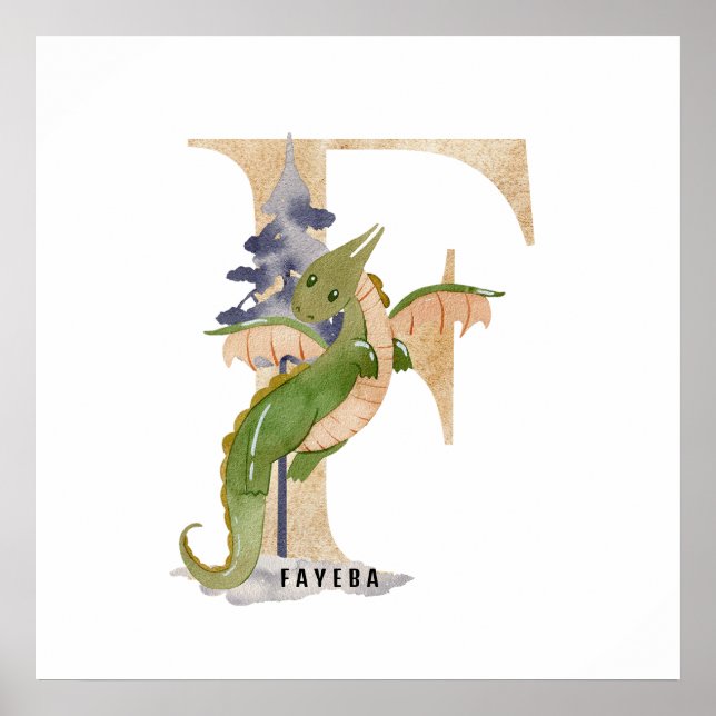 Kids Dragon Custom Name Monogram F Nursery Room Poster (Front)