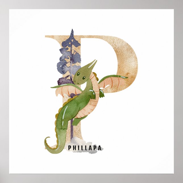 Kids Dragon Custom Name Monogram P Nursery Room Poster (Front)