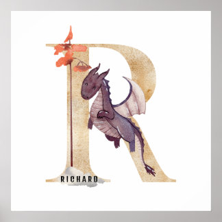 Kids Dragon Custom Name Monogram R Nursery Room Poster