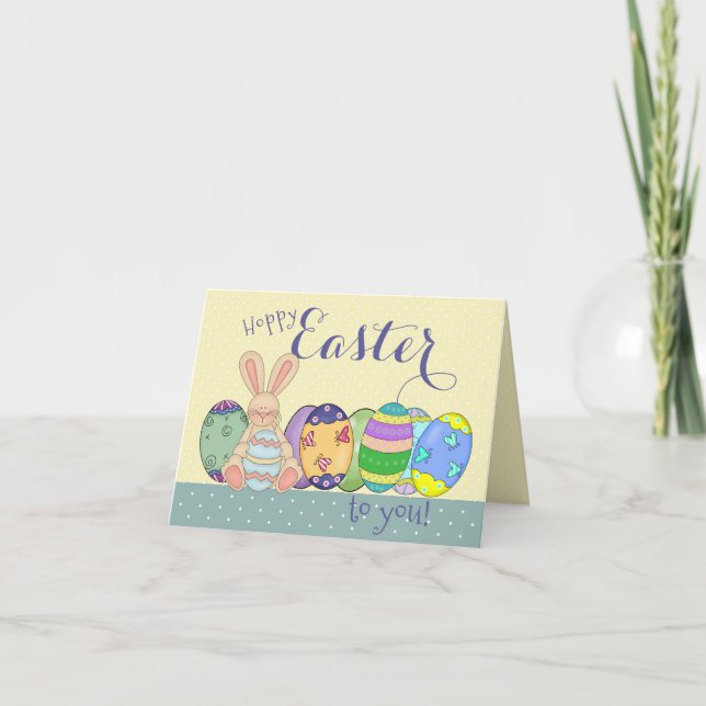 Kids Easter Bunny And Coloured Eggs   Holiday Card (Front)